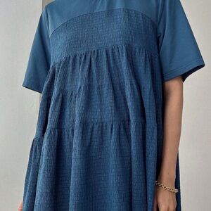 Blue Textured Short Sleeve Dress